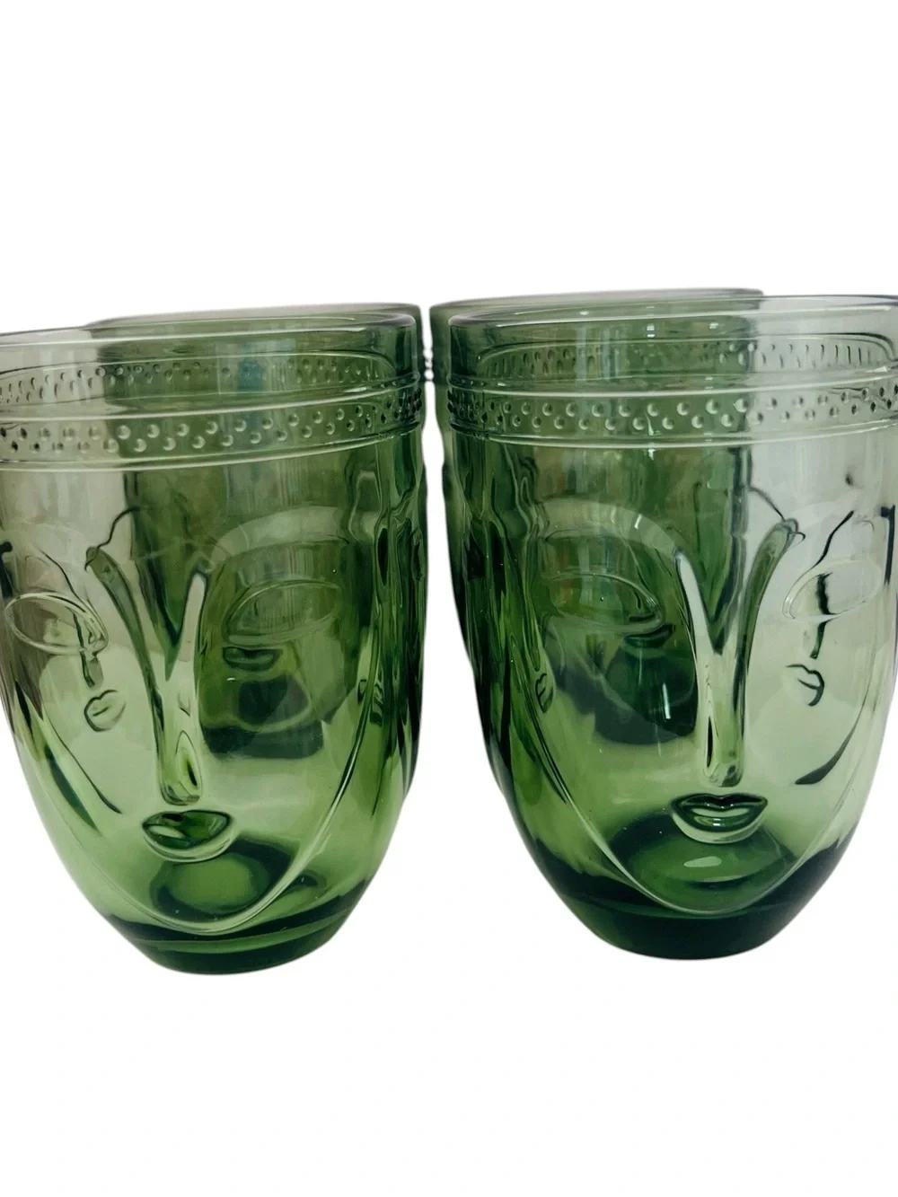 Green Sculpted Face Glass Drinking Glass Tumblers - Set of 4